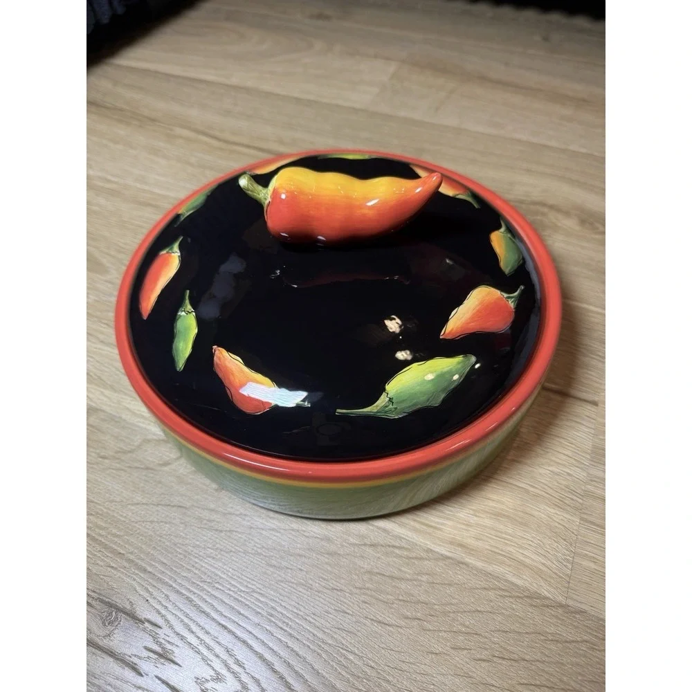 Clay Art Fiesta Yellow Green Red Peppers Black Lidded Covered Tortilla Warmer - Picture 6 of 10